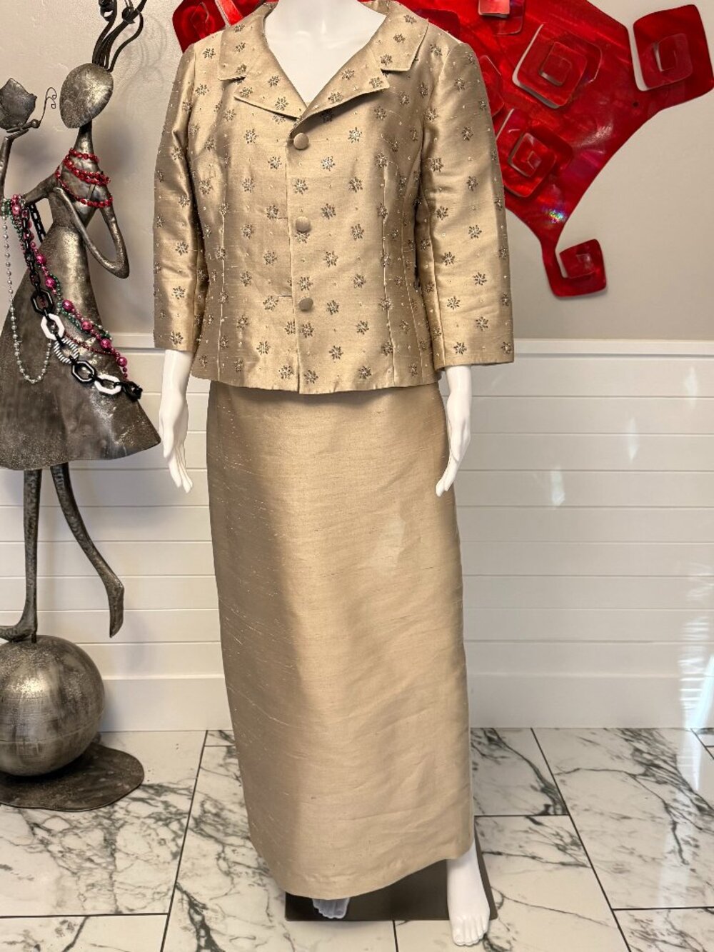 Vintage Rickie Freeman T.J. Nites Silk Beaded Jacket & Skirt Sz 16 Formal Gown